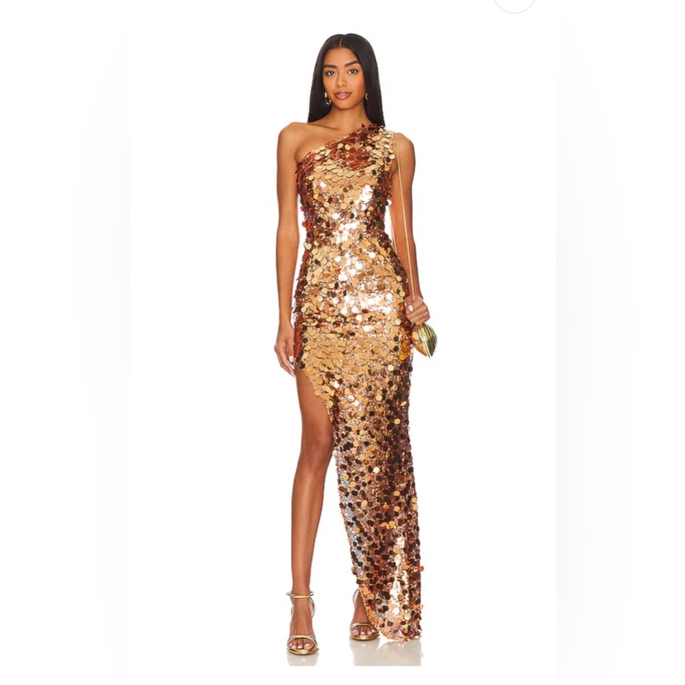 Bronx and Banco One-Shoulder Gold Sequin Gown
